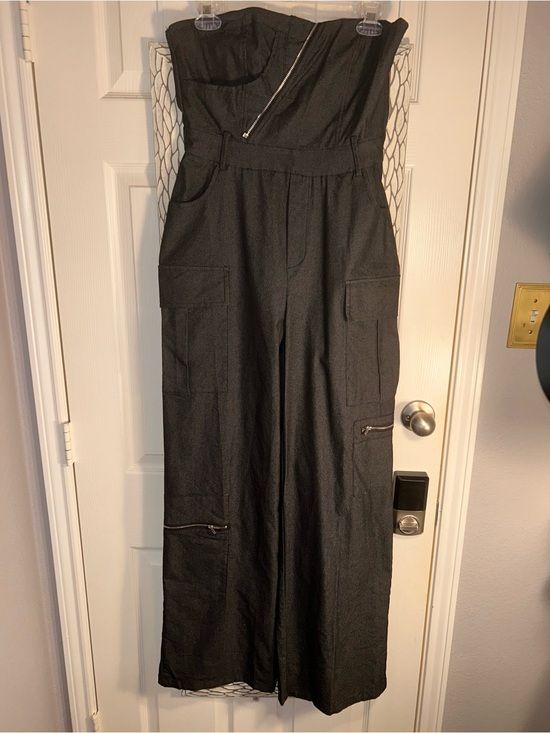 Fashion Nova Pants - Fashion Nova Black Strapless Wide-Leg Jumpsuit with Cargo Pockets
